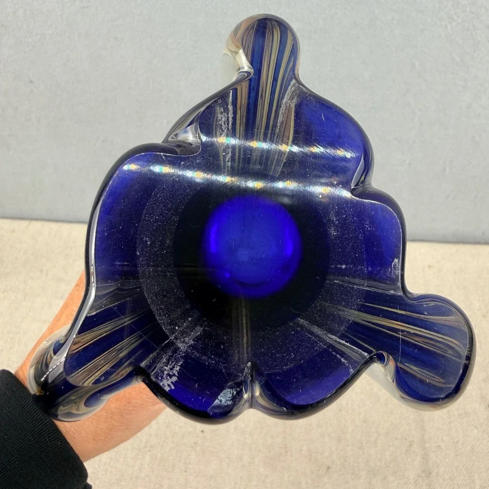 Vintage Cobalt Blue Sommerso Glass Bud Vase Pulled Petal 16
